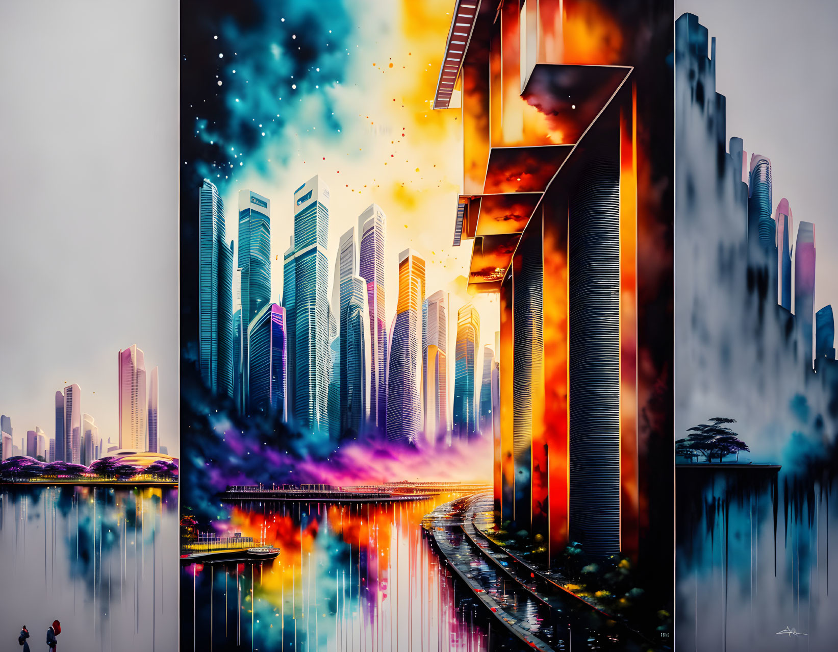 Futuristic cityscape with neon colors, starry sky, and giant numeral seven
