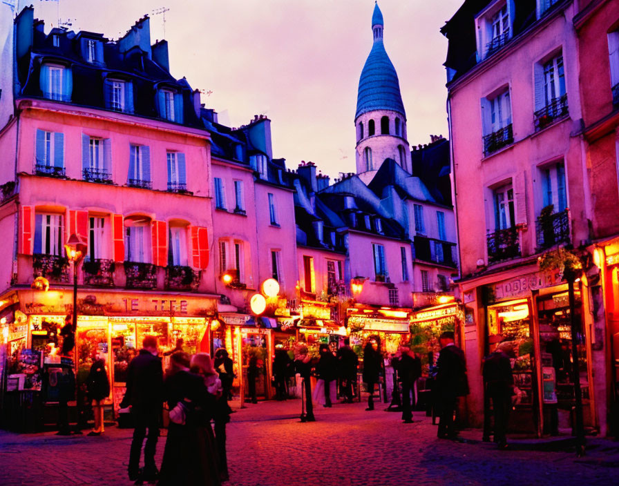 Vibrant Parisian Street at Twilight with Glowing Lights