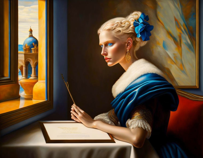 Portrait of woman with blue flower in hair writing by scenic window