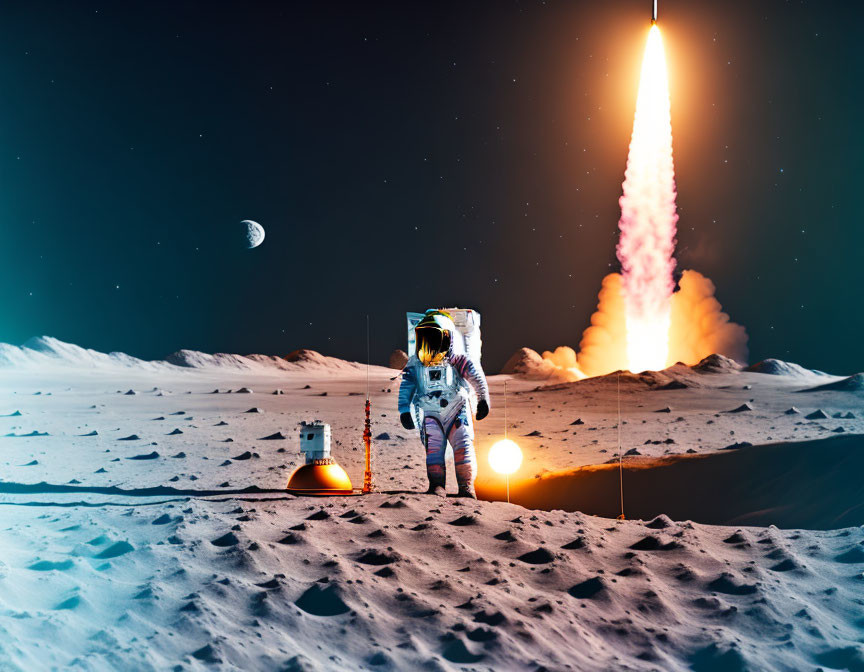 Astronaut observing rocket launch from lunar surface