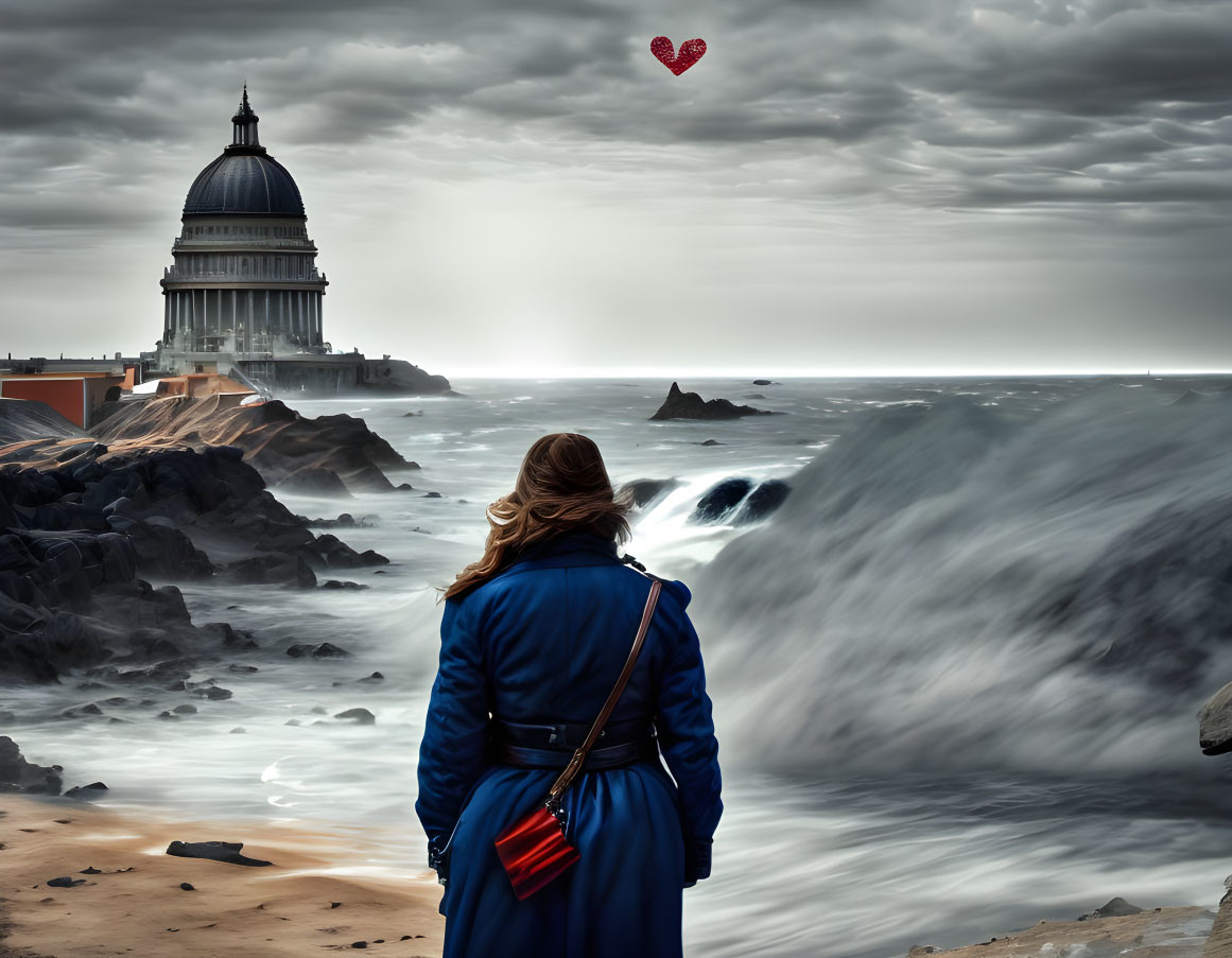 Woman in Blue Coat Gazes at Domed Building on Rocky Shore with Stormy Skies