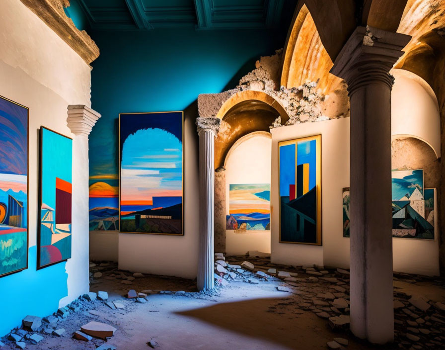 Modern paintings in room with classical architecture, vibrant blue walls, and debris.