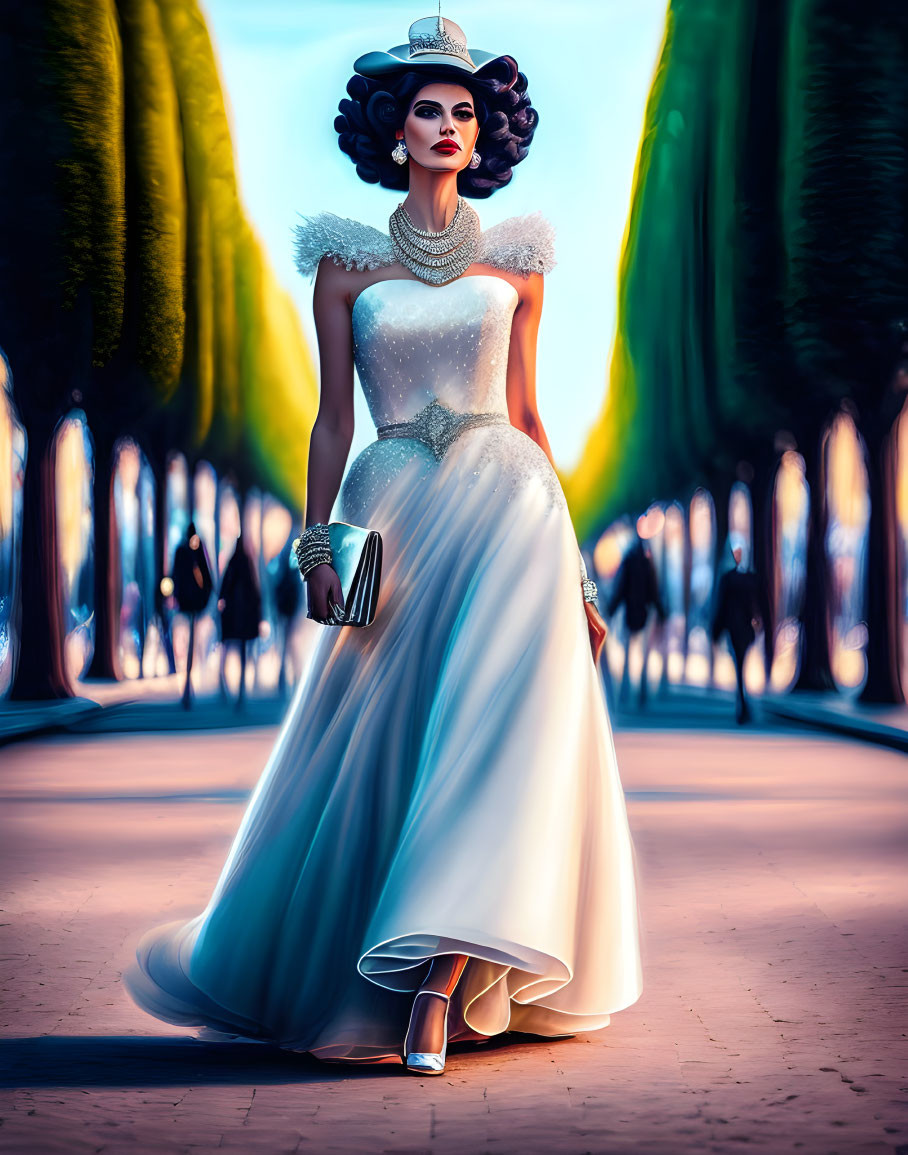 Elegant person in vintage white gown and pearls on tree-lined path