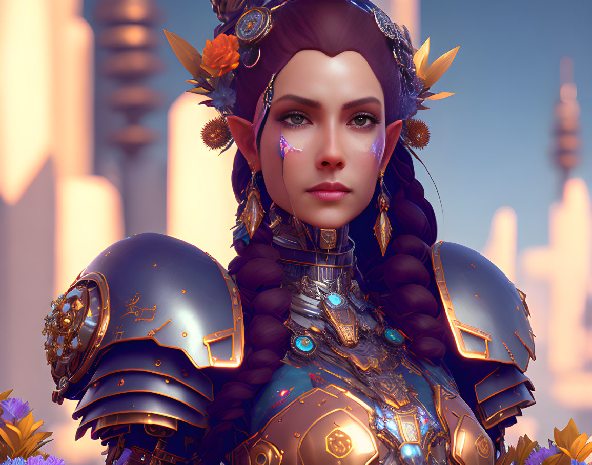 Female character with braided hair in blue and gold armor against architectural backdrop