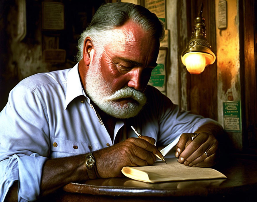 White-haired bearded man writing at wooden desk in vintage setting