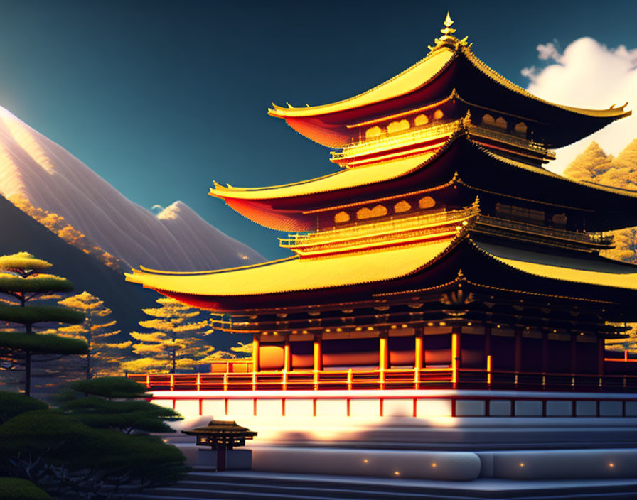 Traditional Japanese pagoda in lush greenery with mountains at sunset