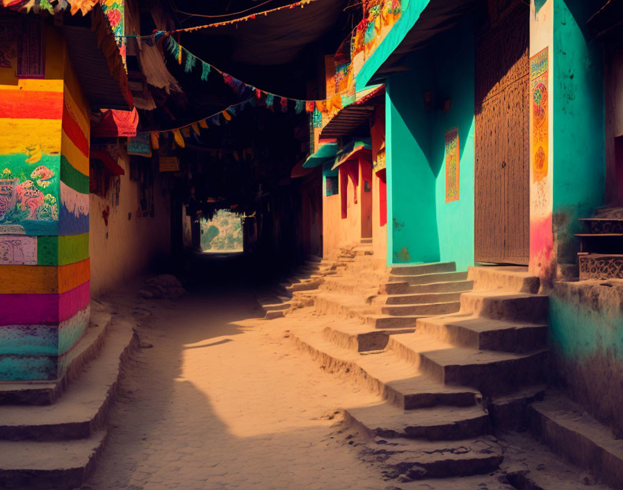Colorful House Walls and Steps in Traditional Village Alley