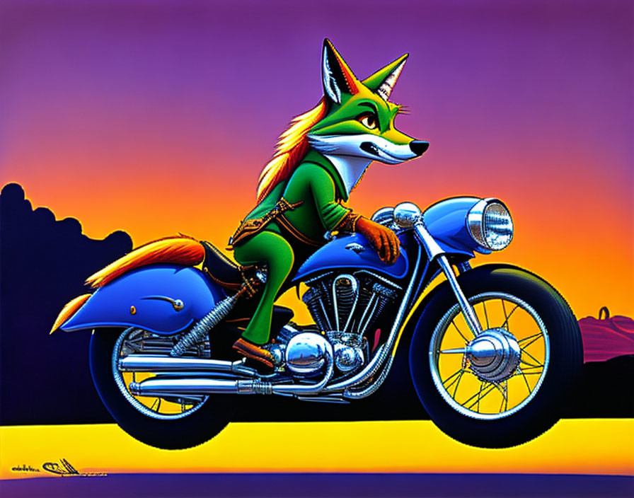 Anthropomorphic fox on blue motorcycle in sunset landscape