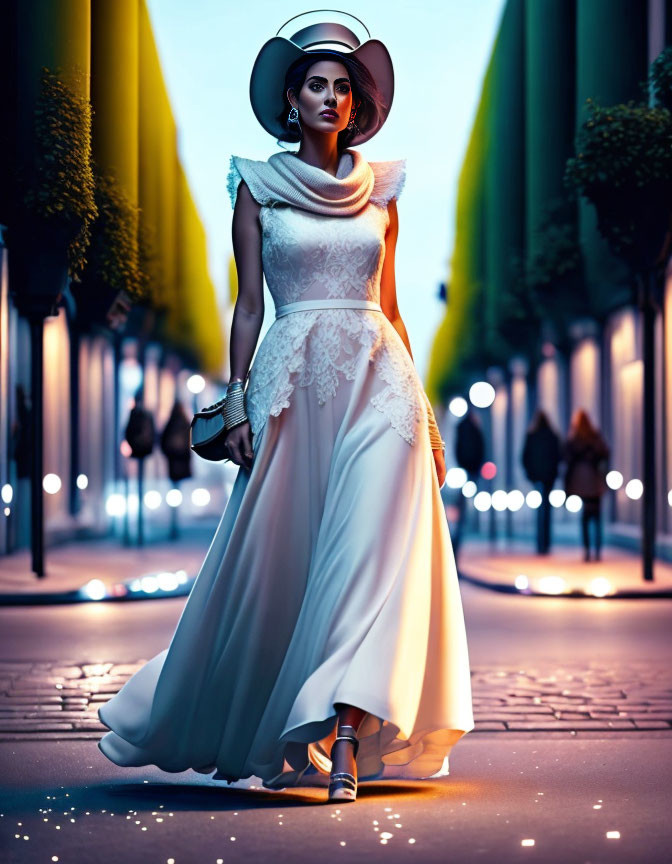 Woman in White Dress and Wide-Brimmed Hat Strolling on Tree-Lined Path at Dusk