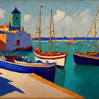 Sailboats in serene harbor painting with bell tower and blue waters
