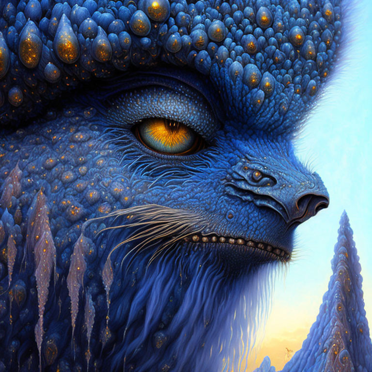 Detailed Illustration of Fantastical Blue Creature with Textured Skin, Orange Eyes, and White Wh