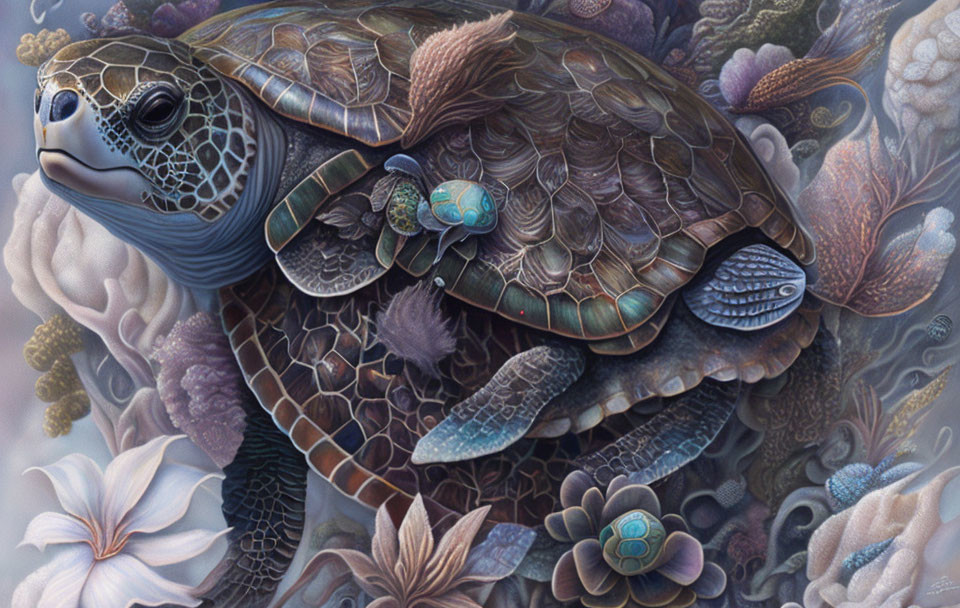 Detailed Sea Turtle Illustration Swimming Among Coral and Sea Flora