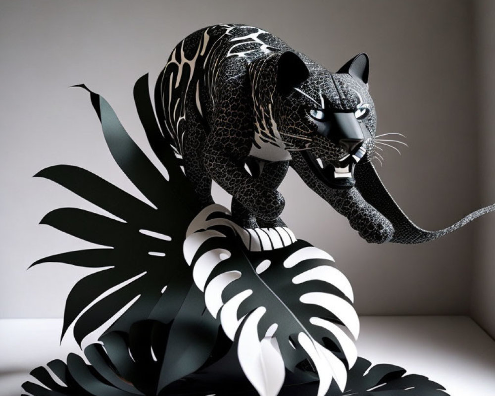 Monochrome paper jaguar sculpture with intricate foliage patterns