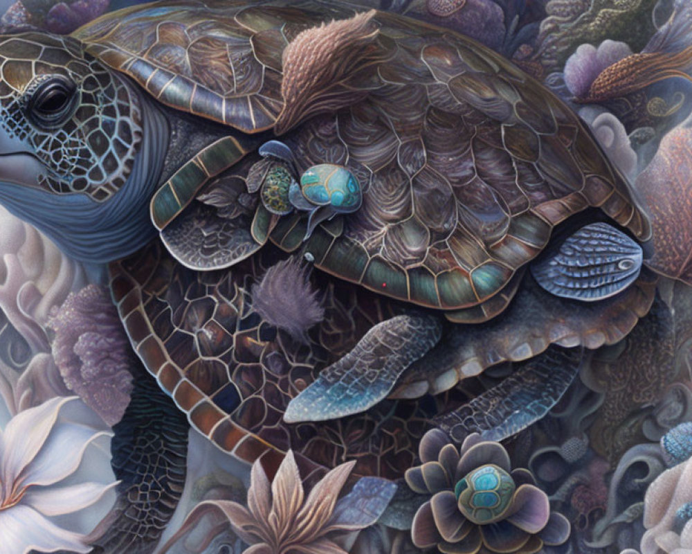 Detailed Sea Turtle Illustration Swimming Among Coral and Sea Flora