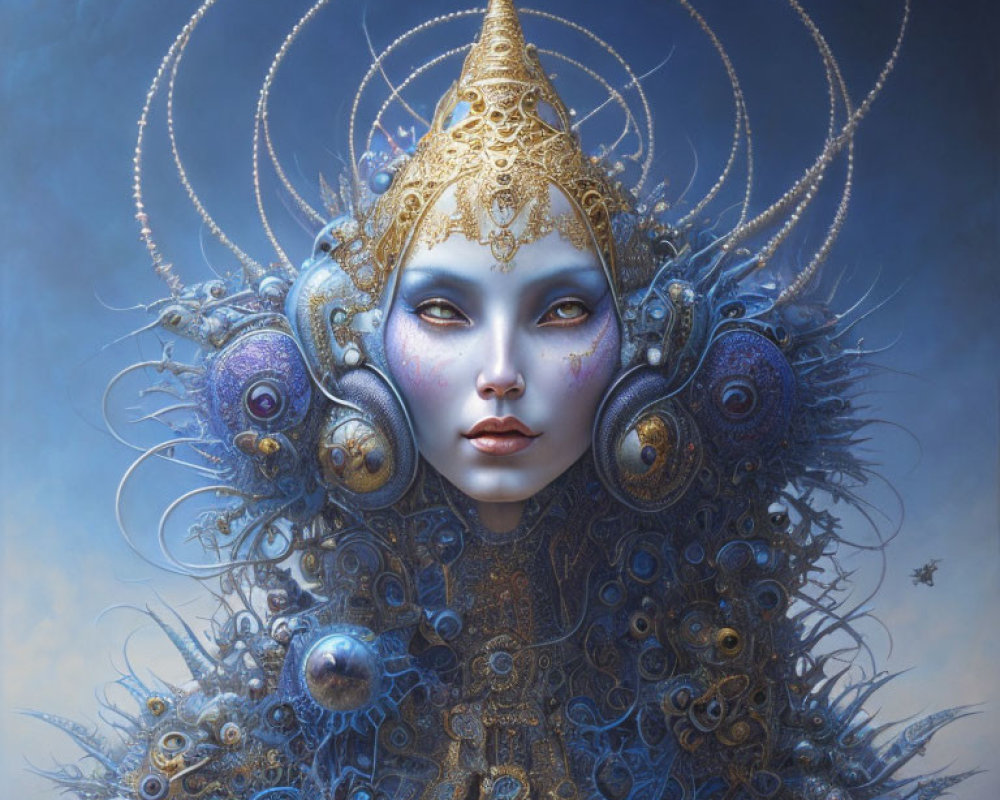Ethereal female figure adorned in ornate gold and blue headgear and jewelry, surrounded by glowing