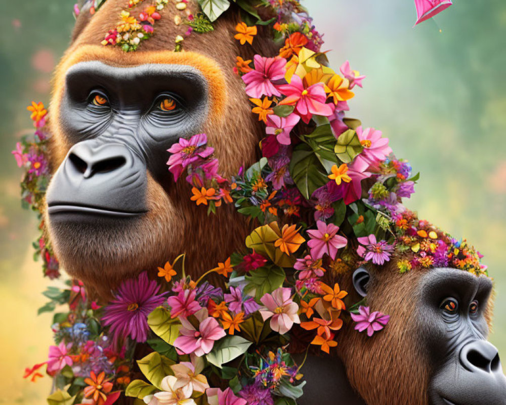 Digitally altered image: Gorillas with colorful flowers in natural setting