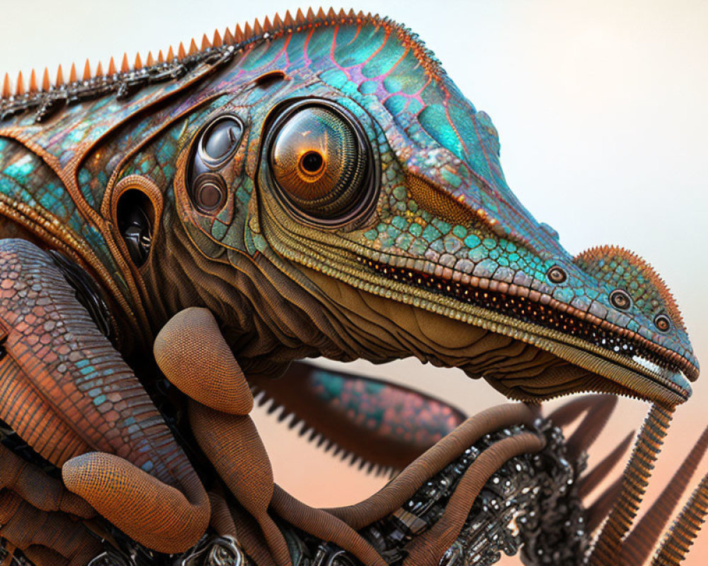 Detailed digital artwork: Mechanized chameleon creature with vibrant colors