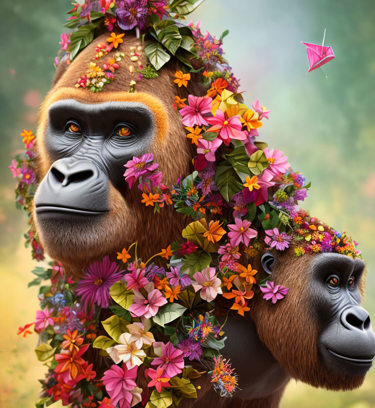 Digitally altered image: Gorillas with colorful flowers in natural setting