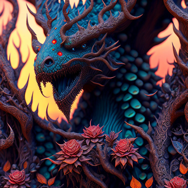 Colorful dragon-like creature with glowing eyes in fiery forest