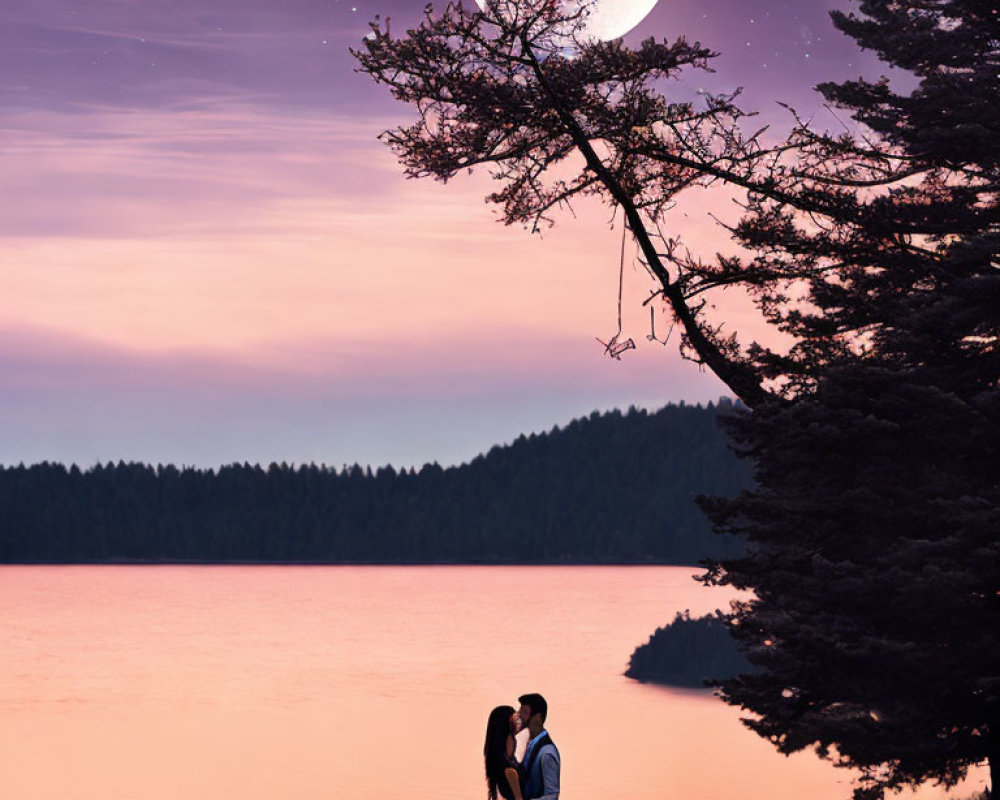 Formal attire couple embracing by classic car under moonlit sky