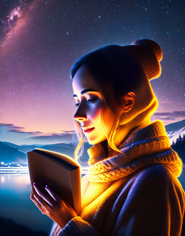 Woman reading glowing book under starry sky by lake and mountains