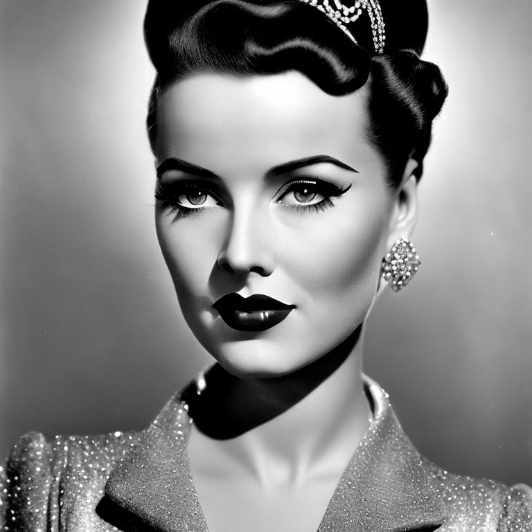 Vintage Hollywood Glamour Monochrome Portrait of Woman with Bold Makeup