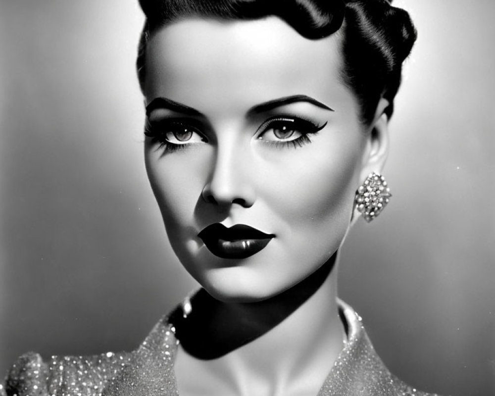 Vintage Hollywood Glamour Monochrome Portrait of Woman with Bold Makeup