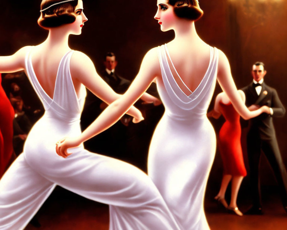 Elegant women in 1920s attire dancing in a vintage ballroom