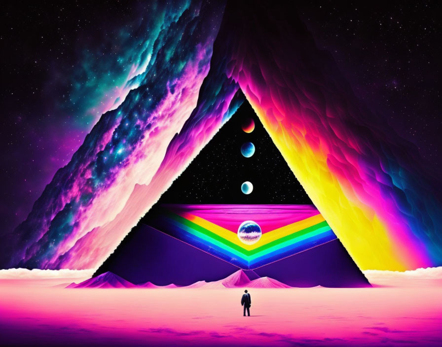Surreal landscape with person, pyramid, rainbow, planets, and cosmic sky