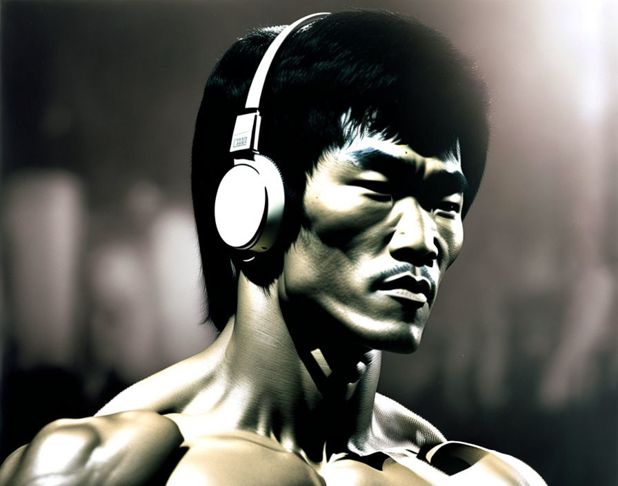 Muscular man in headphones with dramatic lighting