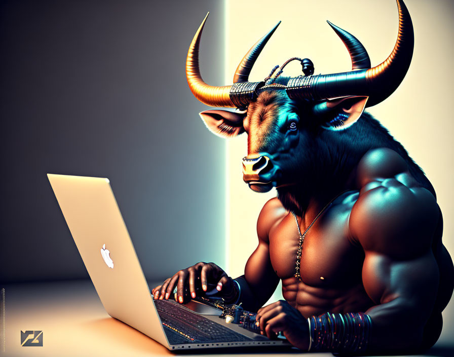 Muscular anthropomorphic buffalo with large horns working on laptop