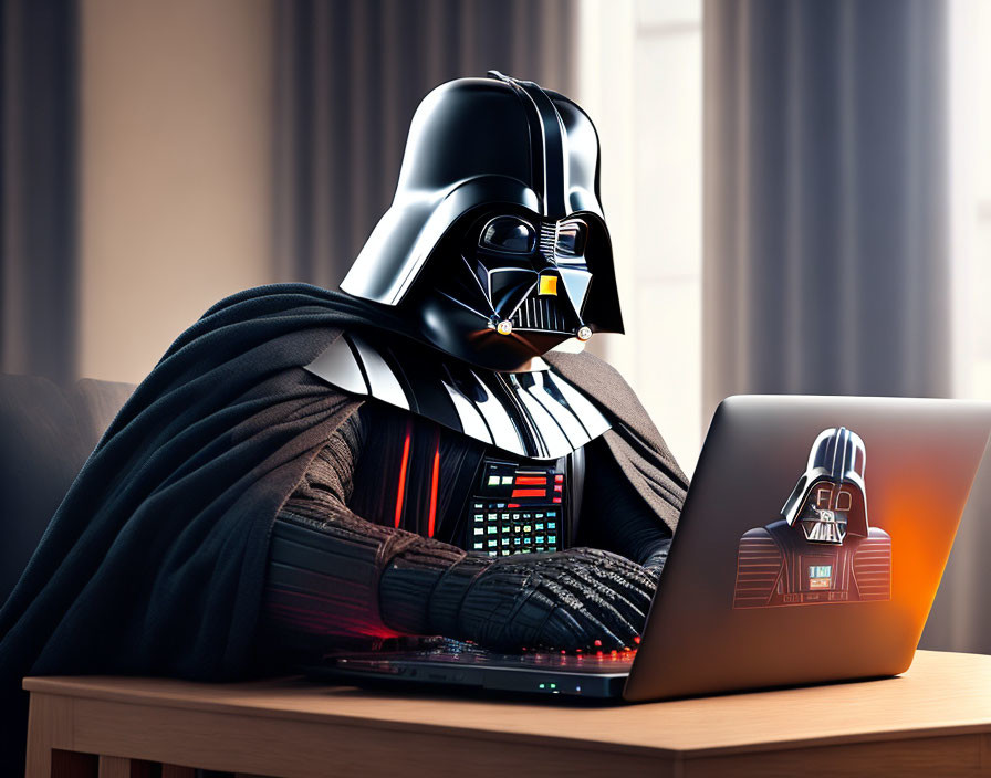 Person in Darth Vader Costume Using Laptop with Matching Decal