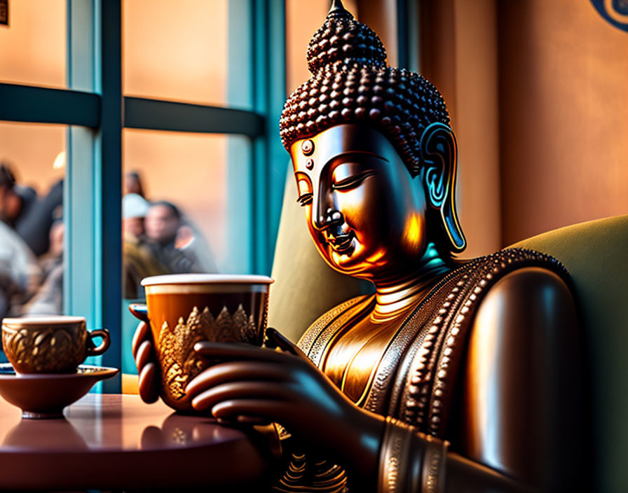 Golden Buddha statue holding a cup in café with chatting patrons