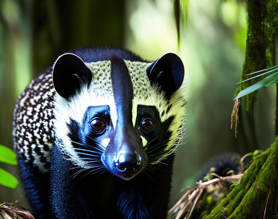 Civet with black and white facial markings in forest setting