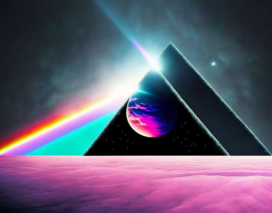 Surreal landscape with prism-like pyramid and colorful planet