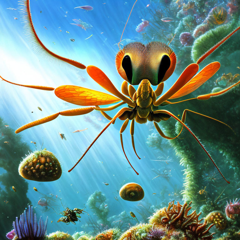 Giant Insect with Dragonfly Wings in Underwater Scene