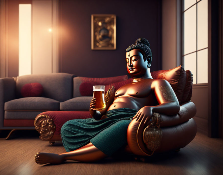 Stylized illustration of reclining Buddha with beer in modern living room