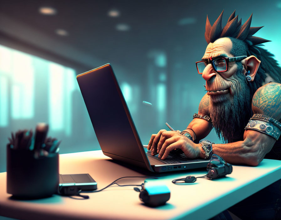 Punk-rock character with mohawk and tattoos using laptop and tablet in blue-lit room
