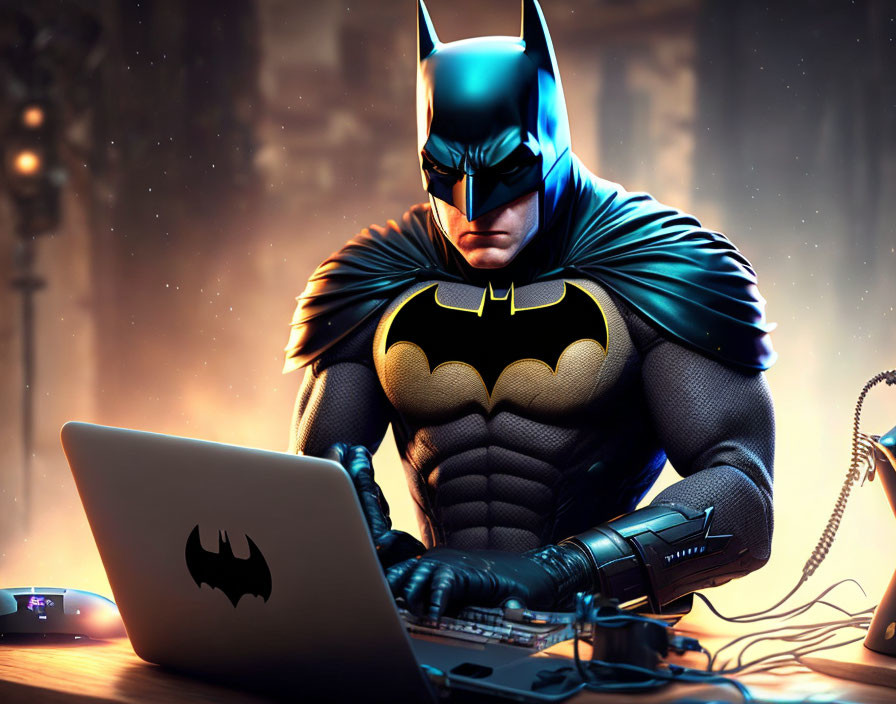 Stylized Batman in costume using laptop in dramatic setting