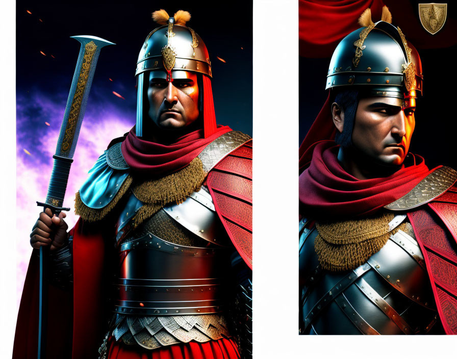 Roman soldier in vibrant red cloak and detailed armor with sword under dramatic sky.