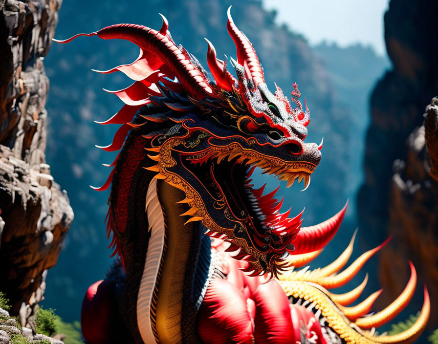 Vibrant Red and Gold Dragon Sculpture Against Cliffs and Blue Skies