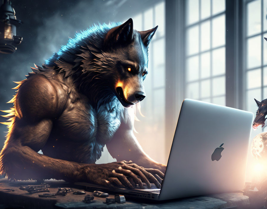 Muscular anthropomorphic wolf at laptop in dimly lit room