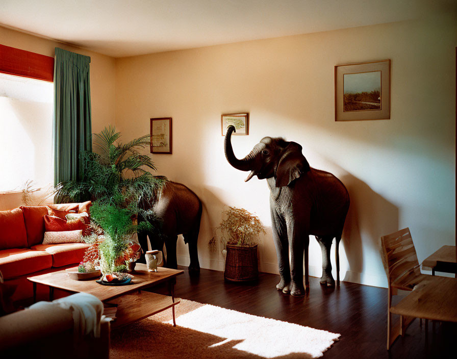 Warmly lit living room with life-sized elephant figures and familiar furniture