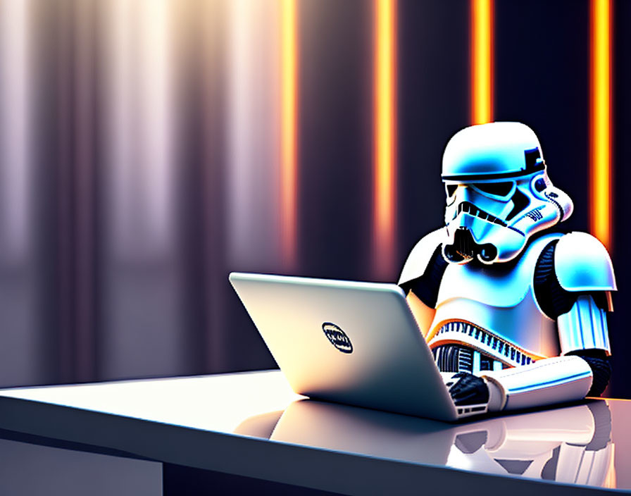 Stormtrooper Figurine Posed with Laptop Amid Colorful Vertical Lines