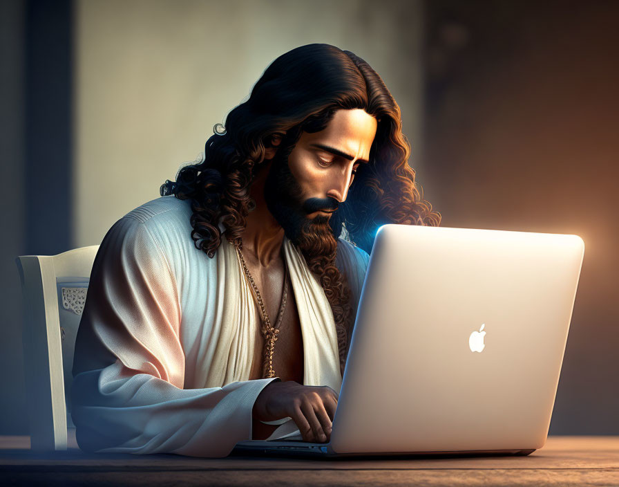 Illustration of man in white robes using Apple laptop
