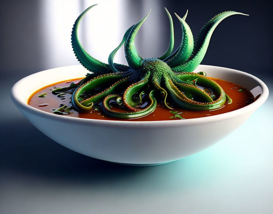 Colorful Octopus in Green Tentacles in White Bowl with Dark Liquid
