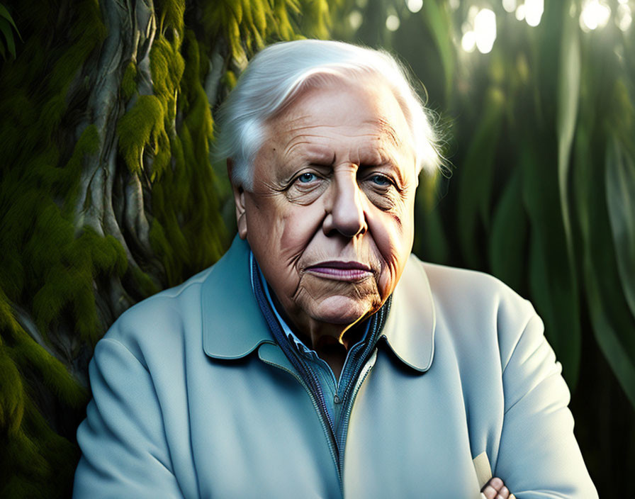 Elderly man with white hair in blue jacket against green plants