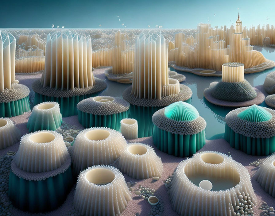 Surreal landscape with towering cylindrical structures and mushroom-like shapes in teal and beige pools.