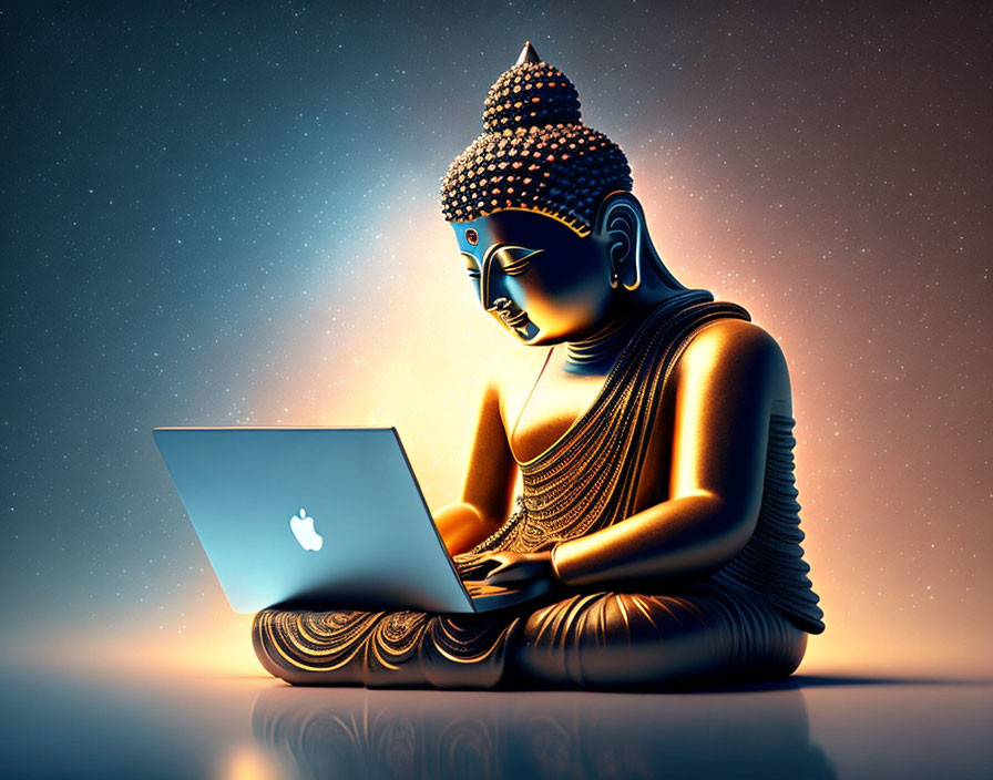 Digital artwork: Serene Buddha figure meditating with laptop in cosmic setting