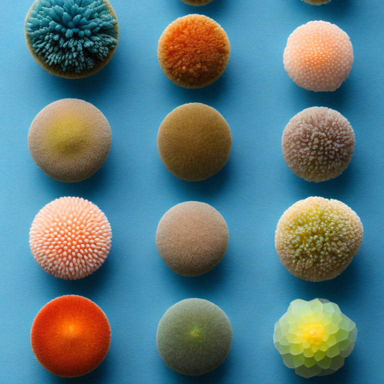Colorful spherical objects with different textures on blue background grid.